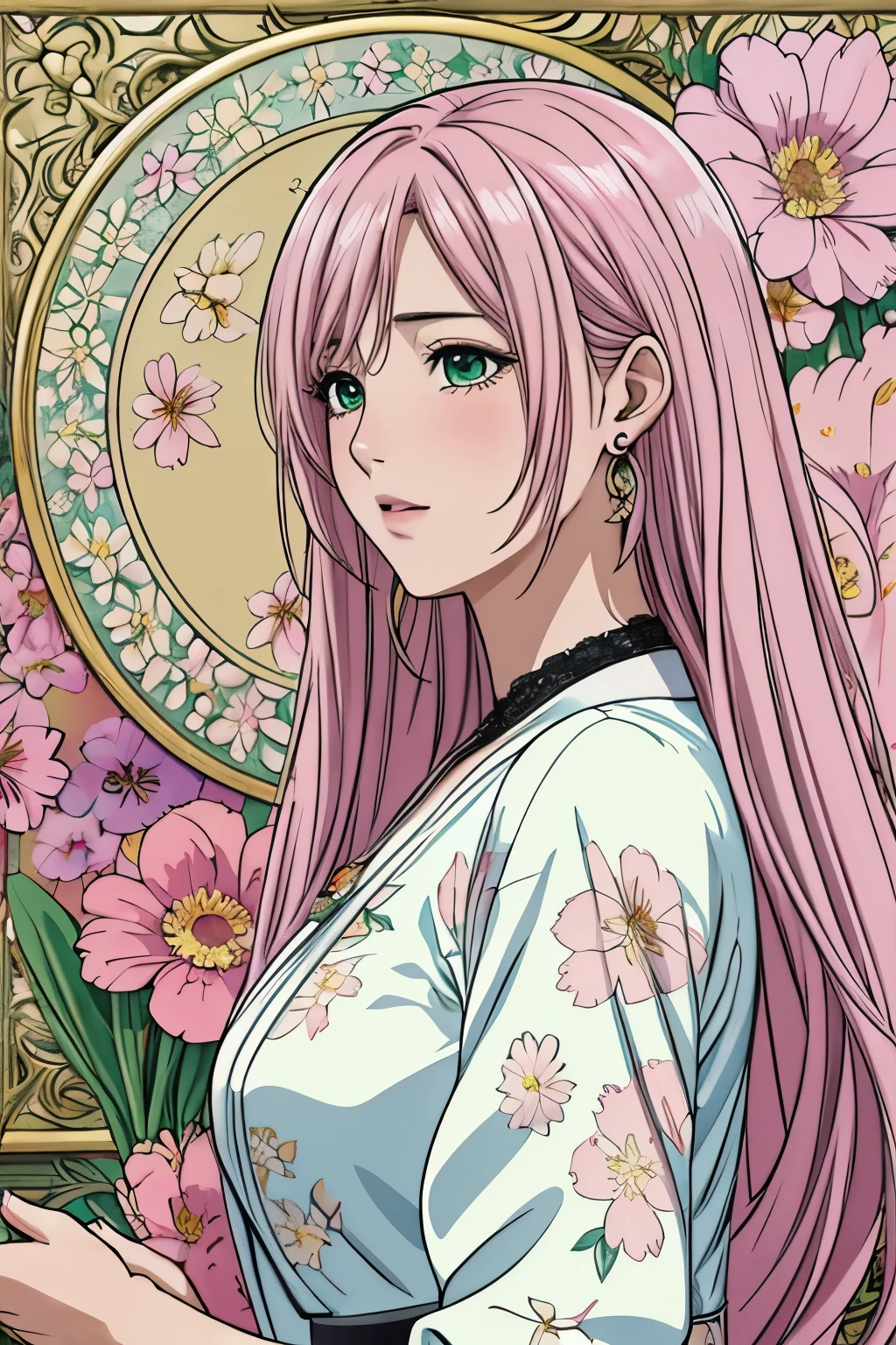 (​masterpiece, top-quality, top-quality, Official art, Beautifully Aesthetic:1.2), green eyes, (highest quality, masterpiece painting:1.3), immature woman, , (half body shot), masterpiece, ultra high resolution, (((Flower frame, A lot of flowers in the frame, round frame, A beautiful girl fits into the frame))), Decorative panel, abstract art, (shot from a side angle), (Photoreal:1.0), ((light pink hair)),straight hair, beautiful shining hair, white and shining skin, Painterly, sketch, Texture, 超A high resolution, solo, Beautuful Women, A highly detailed, (Fractal Art:1.1), (colourfull:1.1), (florals:1.6), The most detailed, (Zentangle:1.2), (Dynamic Poses), (Abstract background:1.3), (shinny skin), (Many colors:0.8), (earrings:1.4), (pluma:0.9), Taisho romance