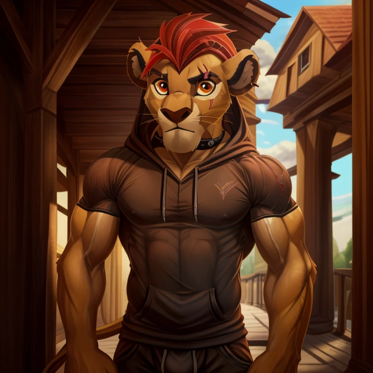 ,Slim, very Slim, very thin waist.masterpiece, detailed, beautiful digital art, masterpiece, 4K, small parts, Anthro, a lion, male, ((male род)), good quality anatomy, ((beautiful eyes)), orange eyes, Red Mane, ((beautiful hands, detailed hands)), (I look at the viewer), I look at the viewer, whole body, scar, scar on left eye, anime style,Slim, , very thin waist, Cute, muscular. ,,Cozy atmosphere,,inflection, big biceps, ,gay, a fag,very pumped up,a gift.(musk), (musk clouds:1.4), sweaty,, ((Realistic clothes:1.6). (pike biceps:1.5,).posing.sweating.without sleeves, hood, hoodie, piercing, hood down. without sleeves hoodie, Dominant,  outside, Suffocates, ,frightening look,(bold), very strong,kion pet,Whore,Особенно много scarов:2，Много scarов,the collar is very tight,  in the room, , in the bedroom,секс outside, послушная Whore, full height, security guard, hundred in the aisle,