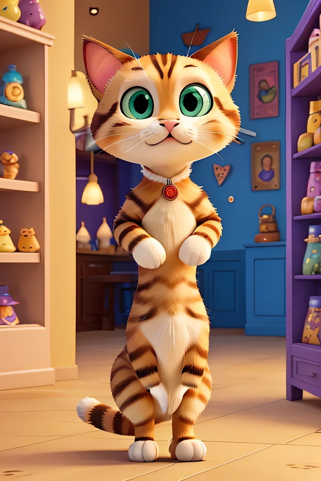 The cat in Pixar style, marveling at a vibrant display of various ice creams inside the store, with large, excited eyes and a playful stance. The background shows a whimsical ice cream parlor with brightly colored ice cream cones, toppings, and friendly animated staff. Created Using: Pixar-style rendering, vivid and playful colors, expressive character features, dynamic lighting, detailed and whimsical store textures, hd quality, natural look --ar 3:2 --v 6.0