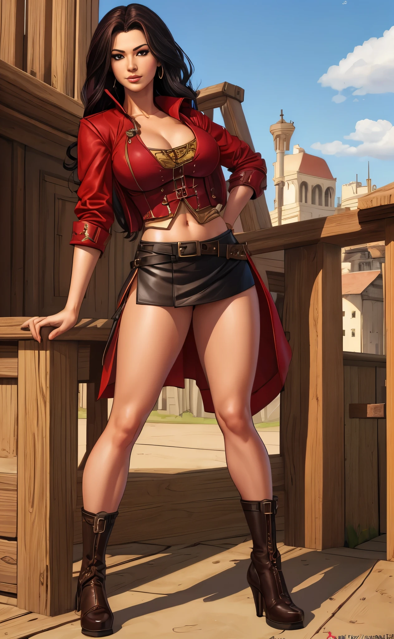 girl, female pirate, miniskirt, red hair, black hair, full body shot, clyde caldwell