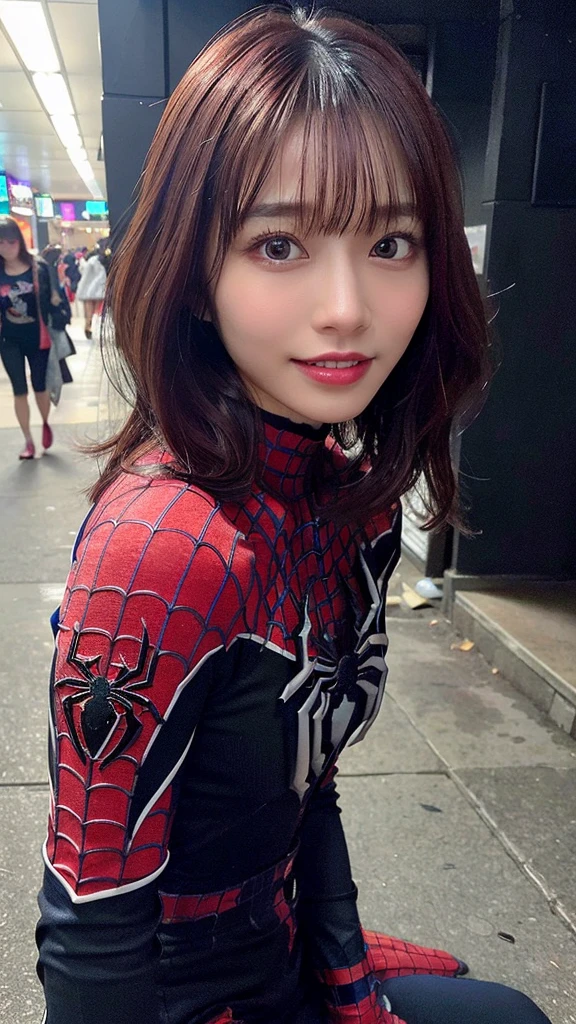 score_9, score_8_superior, score_7_superior, highest quality, Realistic, masterpiece, Beautiful details, hyperRealistic, woman ((One girl, woman body, medium Breasts)), (amazing detailed whole body portrait of a beautiful ulzzang girl, wearing a Realistic and Very detailed black raimi spider-man suit:1.55), ((Huge muscular girl)), (Sitting on the night street:1.15), (whole bodyと手を覆うスーツ, black spiderman gloves:1.35), (whole body), (Dirty Skin), close superior, Octane Rendering, Very detailed, Volumetric, Dramatic lighting, (highest quality:1.1), (High resolution:1.3), (highest quality, highest quality), Realistic, High resolution、(Droopy eyes, Natural Makeup、Ultra-high definition beauty face:1.25)、(Ultra high resolution perfect beautiful teeth, Mid-chest, Tight waist, smile:1.15)、Ultra HD Shining Eyes、Super high quaHigh resolution 16K human skin closeup。 The skin texture is natural、,Pores、It must be detailed enough to be easily identifiable.。 Skin should look healthy and have an even tone。 Use natural light and color,lity glossy lip
