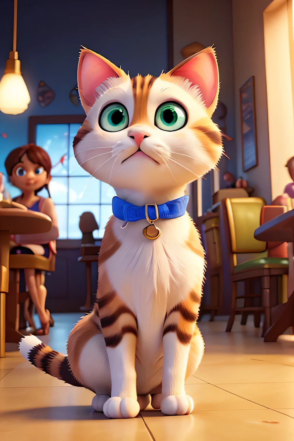 The cat in Pixar style, facing a dilemma in the ice cream store, looking confused or sad with drooping ears and wide eyes, as it tries to decide between multiple ice cream flavors. The background features a bustling ice cream parlor, with playful décor, cheerful lighting, and animated staff and customers around. Created Using: Pixar-like 3D animation, bright and whimsical colors, rounded character shapes, expressive features, dynamic lighting, detailed textures, hd quality, natural look --ar 3:2 --v 6.0