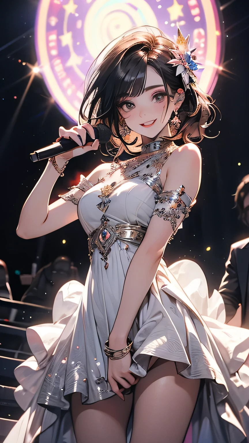 One girl, alone, highest quality, masterpiece , Hoshino Ruby,  hair ornaments, Shining Eyes, Stars in my eyes, (Star in the right eye:1), (dress:1.4), (Concert 1), On Stage,