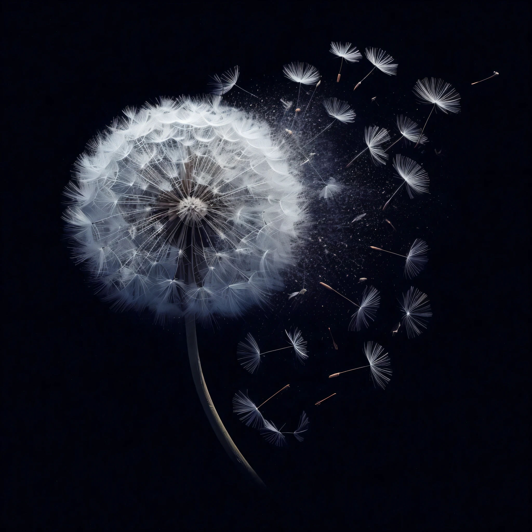 milky white colour dandelion flowers flying, dark black background,realistic, 8k, cinematic, ultra HD.