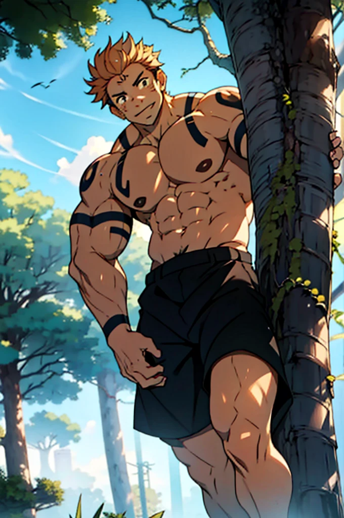 (canto da foto de baixo para cima) (imagem da mais alta qualidade) Lion man ,real, jovem, , vestindo shorts, virilha saliente, imagem de anime, Leaning against a tree, pernas bem abertas, male face, bonito rosto jovem, cabelo subcortado, huge muscle muscles of the chest, large strong thigh muscles, Biceps Sinewy muscles, Corpo enorme, corpo tonificado devido ao treinamento intenso, Well-developed muscles, ABS transparente de 8 embalagens, 3 metros de altura, topless, , pele brilhante, rede de suor pingando, hands on thighs, bare feet, Sem barba