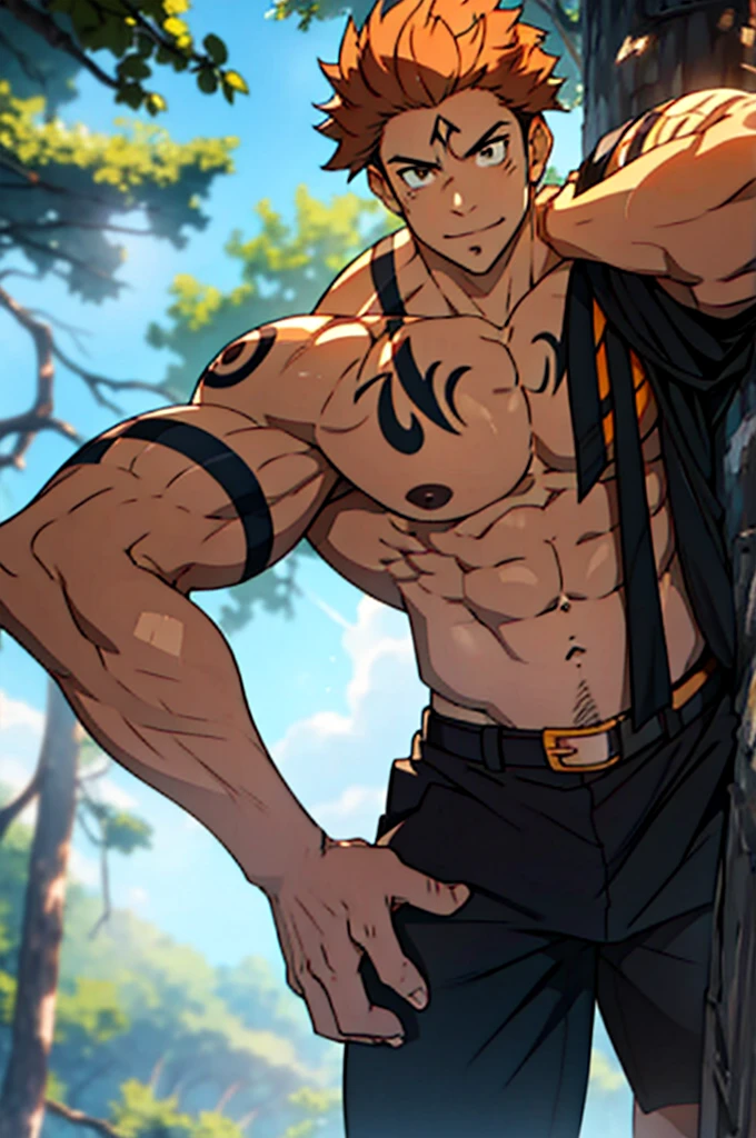(canto da foto de baixo para cima) (imagem da mais alta qualidade) Lion man ,real, jovem, , vestindo shorts, virilha saliente, imagem de anime, Leaning against a tree, pernas bem abertas, male face, bonito rosto jovem, cabelo subcortado, huge muscle muscles of the chest, large strong thigh muscles, Biceps Sinewy muscles, Corpo enorme, corpo tonificado devido ao treinamento intenso, Well-developed muscles, ABS transparente de 8 embalagens, 3 metros de altura, topless, , pele brilhante, rede de suor pingando, hands on thighs, bare feet, Sem barba