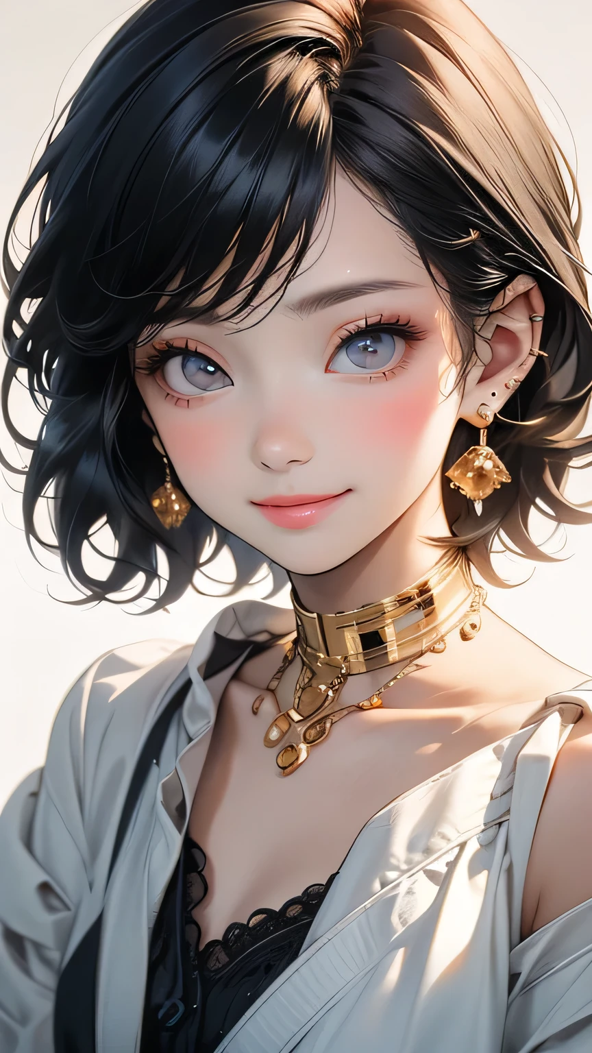 (masterpiece:1.3), (8k, Realistic, RAW Photos, highest quality: 1.4), Japanese people々, (1 girl),Age 25, Beautiful Face, (Realistic Face), (Black Hair, short hair:1.3), Beautiful Hairstyles, Realistic eyes, Beautiful Eyes, Beautiful Eyes, (Realistic Skin), Beautiful Skin, Charm, Ultra High resolution, High resolution, close, Portraiture, Golden Ratio, Detail Makeup, Behold the Beholder, smile, (Shoulder look), Middle Chest,