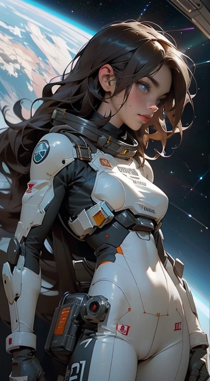 Side view,,gritty hair fit body big breasts slim thighs slim waist pilot suit alone looking at the viewer in space long hair blushing determination, 8k, Detalle extremo,More detailed 8K.motor irreal:1.4,UHD,La mejor calidad:1.4, fotorrealista:1.4, textura de la piel:1.4, obra maestra:1.8,obra-prima, mejor calidad,objeto Objeto], (detailed face features:1.3),(Traje de piloto:1.4)