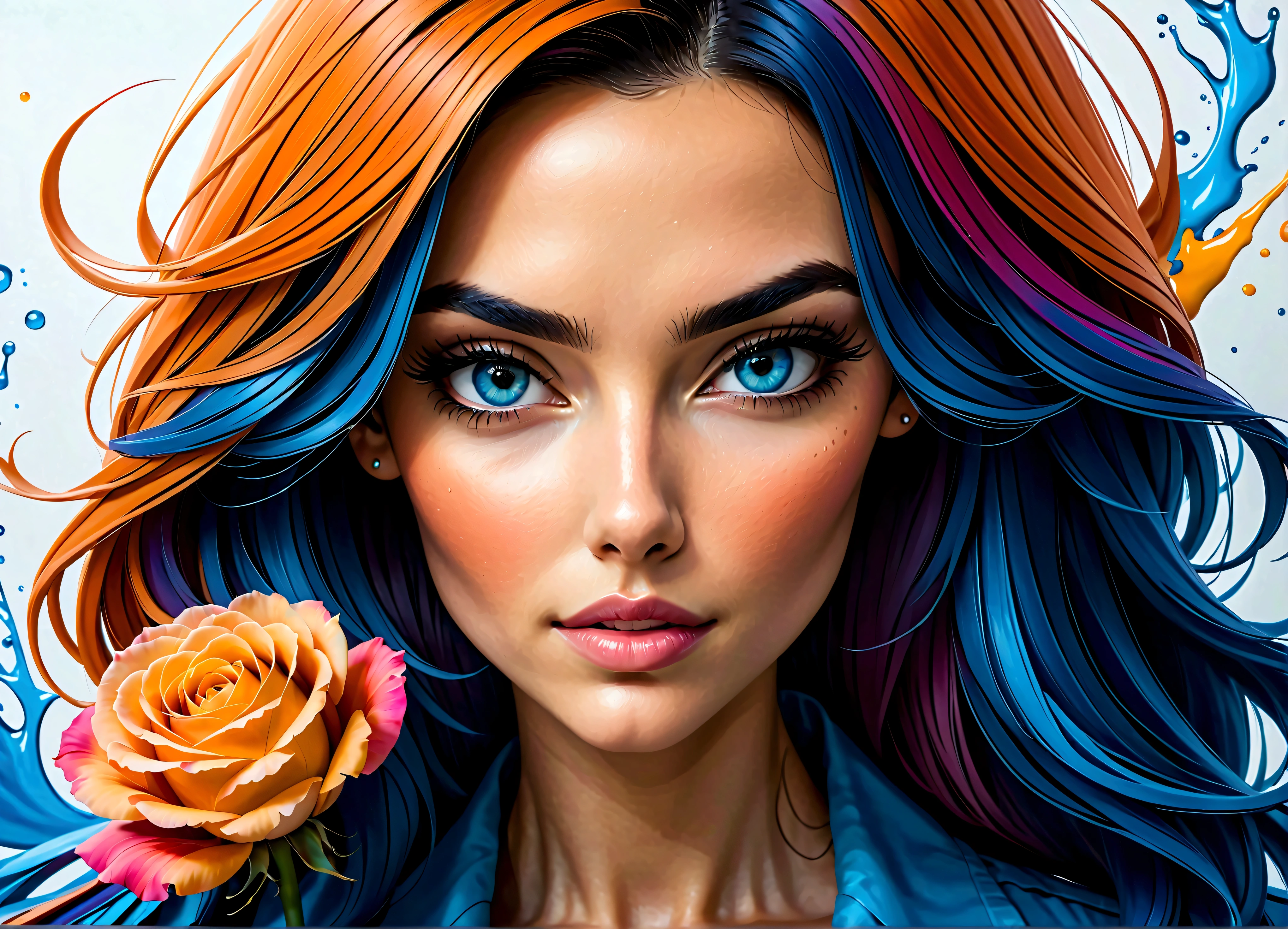 Uma linda mulher, highlighted in vibrant colors like a colored pencil drawing, tirando o cabelo do rosto. The woman is very well dressed in a mix of blue tones, rosa e laranja, com detalhes intrincados destacando suas vestes. All around her are splashes of color similar to watercolors., com flores e gotas de tintas..
