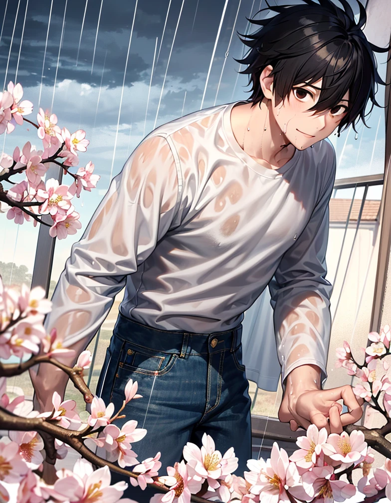 (masterpiece,best quality, detailed), solo, male focus, l lawliet, white shirt, jeans, long sleeves, closed mouth, cherry blossom, rain, wet shirt, wet hair, wide-eyed, upper body, standing, sexy, cloudy sky, hair down, happy