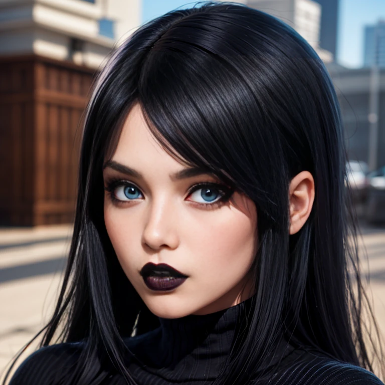 anime lesbian goth girl with long glowing black hair, blue eyes, and full lips staring at the camera, she has black hair with bangs, 1 7 - year -  goth, annoyed look, woman wearing a black turtle neck sweater, beautiful anime, black hime cut hair