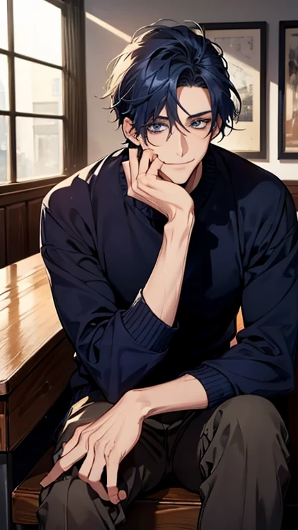 (highest quality,High resolution,masterpiece:1.2),Abstract,Masculine,Navy Blue Hair,28 years old,Dark blue eyes,sweater,cargo pants,Dark blue gaze,Calm,quiet,A kind smile,sitting on a chair in a cafe,talk