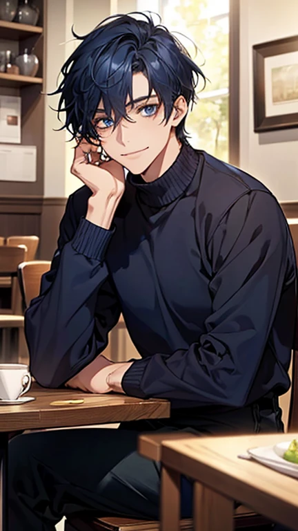 (highest quality,High resolution,masterpiece:1.2),Abstract,Masculine,Navy Blue Hair,28 years old,Dark blue eyes,sweater,cargo pants,Dark blue gaze,Calm,quiet,A kind smile,sitting on a chair in a cafe,talk