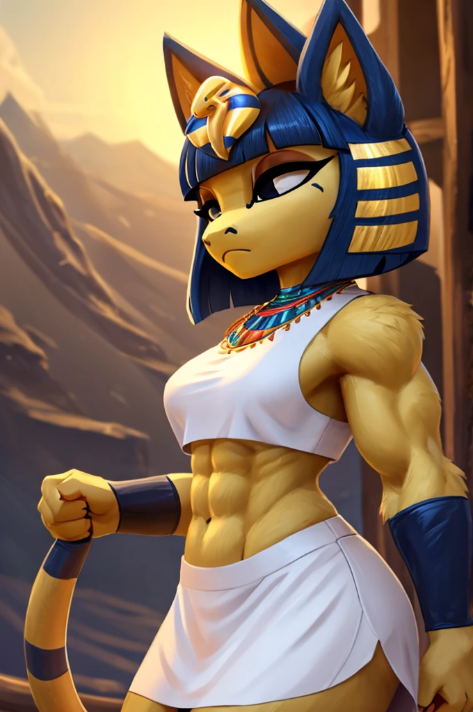 a digital sideview artwork of ankha with abs wearing a crop top of her white sleeveless dress with white long skirt, a bare midriff and a bare navel, trending on artstation, 4k,