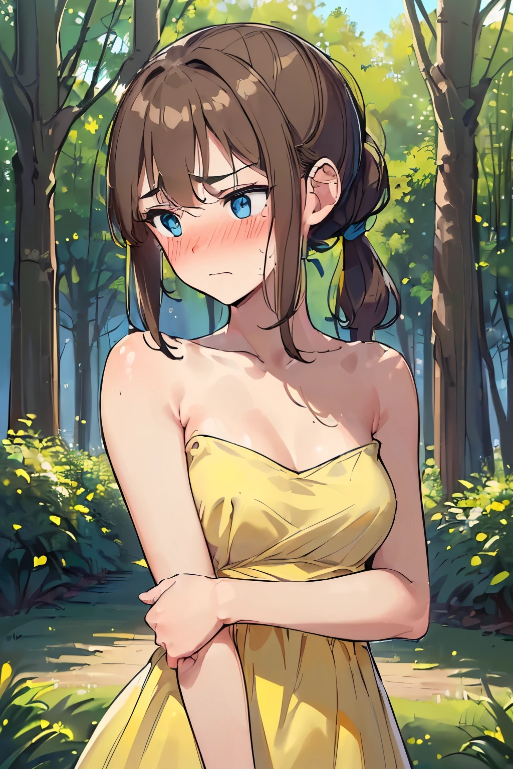((best quality)), ((masterpiece)), ((detailed)), (((perfect face))), (((18yo age girl))), (((medium breasts))), (((yellow sundress))), ((dark brown hair)), ((short ponytail)), (((blue eyes))), (((shy:1.3))), (((blushing:1.5))), (((bare arms))), (((bare shoulders))), (((garden, trees)))), (((standing))), (((((topless))))), (((bare chest))), (((shy arms))), (((girl looking away))), (((close up on upper body)))