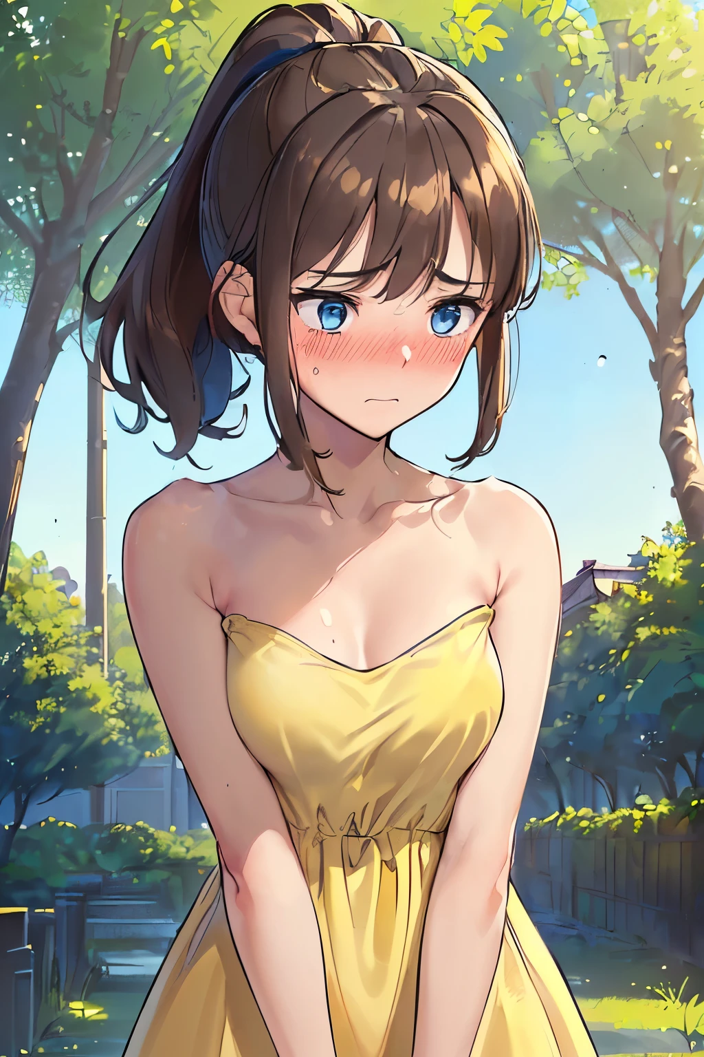 ((best quality)), ((masterpiece)), ((detailed)), (((perfect face))), (((18yo teenage girl))), (((medium breasts))), (((yellow sundress))), ((dark brown hair)), ((short ponytail)), (((blue eyes))), (((shy:1.3))), (((blushing:1.5))), (((bare arms))), (((bare shoulders))), (((garden, trees)))), (((standing))), (((((topless))))), (((bare chest))), (((shy arms))), (((girl looking away))), (((close up on upper body)))