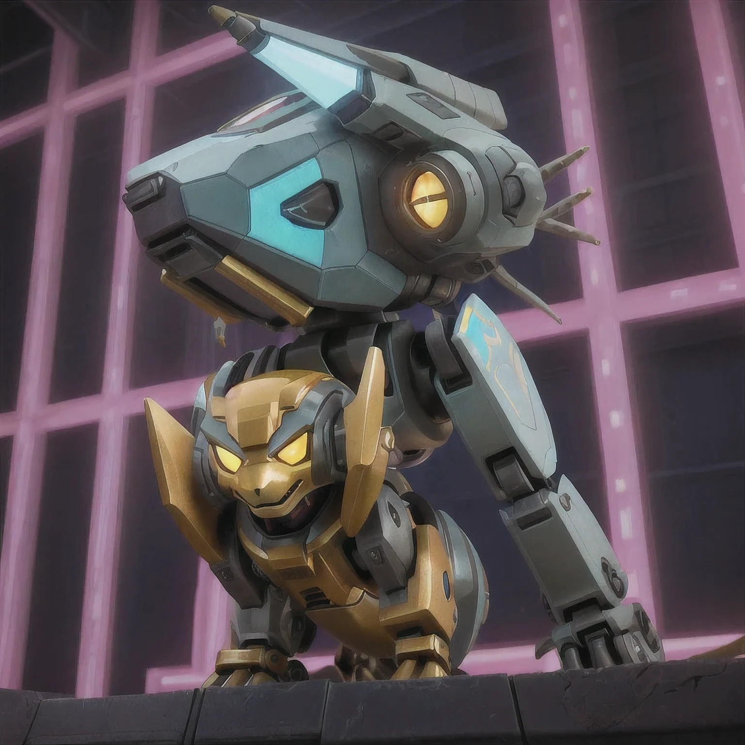 a close up of a robot with a star on top of it, robot mecha female dragon head, seapunk mecha, mecha animal, digital cyberpunk - anime art, zoids art, rat kind mecha, neon scales and cyborg tech, mecha hound, an anime large mecha robot, cyber mech, cyberpunk pikachu, digital cyberpunk anime art
