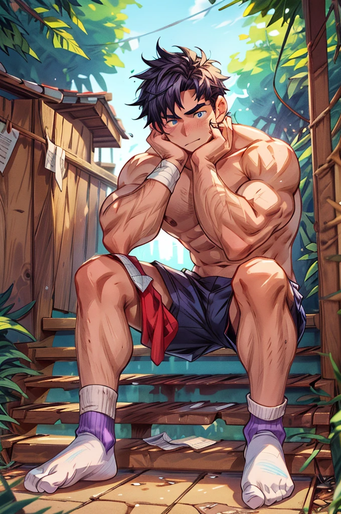 Slightly sideways,closeup of arms,Thick arms,(masterpiece,best quality,H),1 person,Nude boy,Very shy,My face turned red,Shy,muscular,Delicateeyes,nude,(nude),blue eyes,Shirtless,Body,Blue purple short hair,(fluorescent lamp),(Open your legs),((Blue Background)),Shorts with white stripes,White textured socks,(No shoes),Body covered with strong muscles,strong,Broad shoulders,(Sitting on the steps),(Put your hands on the ground),