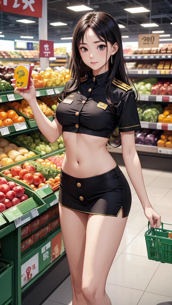 Women in crop top supermarket retail staff button uniform, showing navel, show belly, in supermarket, expose a lot of abdomen area around belly button