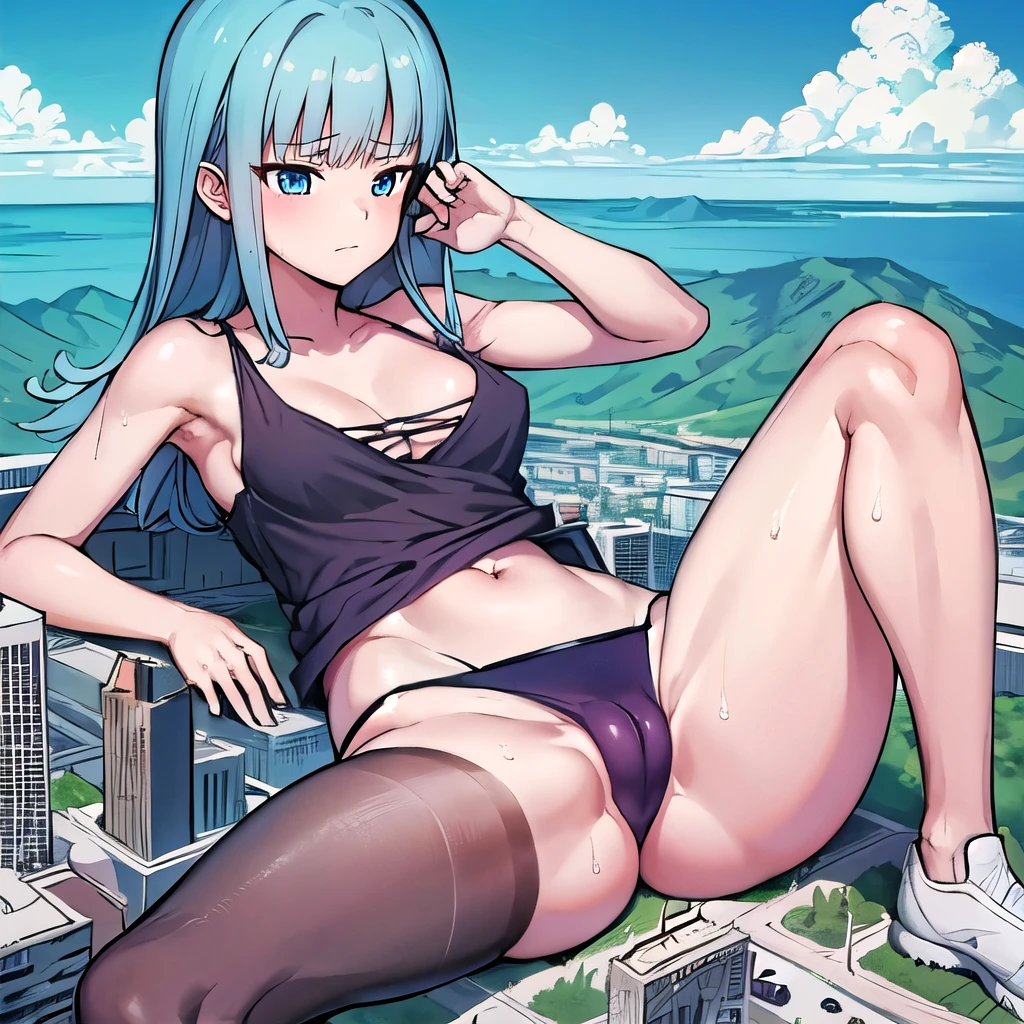 giantess, Only one girl, Lying down, Sleeping girl, (((character Sleeping girl on a mountain top next to a city))), ((Super huge high school girl bigger than a island)), Pleasure, Cleavage, Trying to crush a miniature metropolis, blue eyes, ((destroyed city)), Wearing pink sportswear that shows off her cleavage, Wear black yoga pants underneath, erect nipples, stomach, navel, Long legs, Tightens abs, No chest leakage, crash city, tiny city, micro city, skinny pants, gym room, big assa, city, ((Sweat)), (((Falling sweat))), Thighs, giga giantess, huge craters, Woman crushing a building, Steam from the body, ravines, cracks in the ground, earthquak, null, blue sky, City, ((Background on the street)), (((The Girl Who Crushes the City))), first-person view, first-person view, anime, first-person view, anime, best quality, masterpiece, highres
