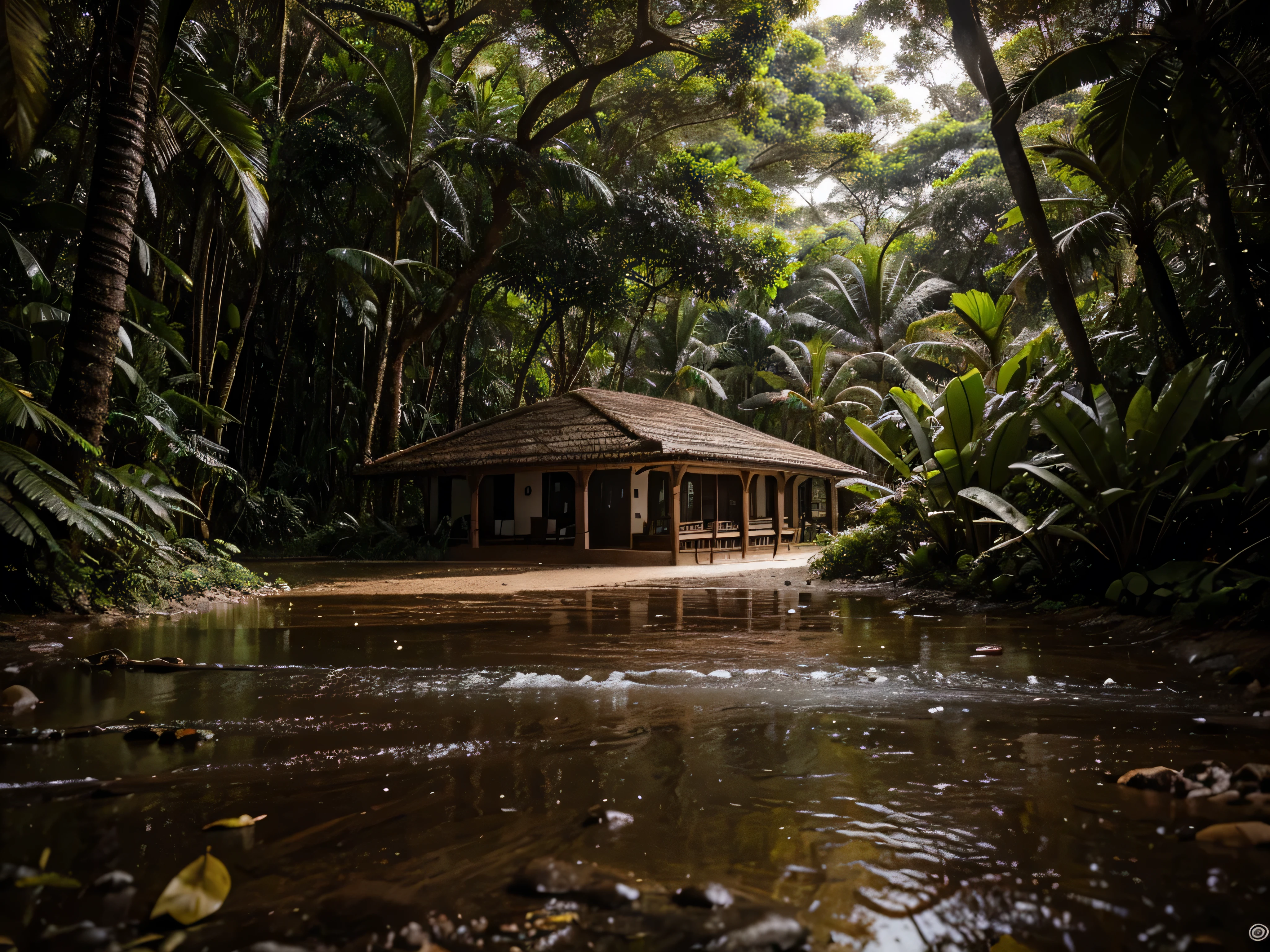 Fotografia hiper realista de uma selva de Marte, cachoeiras enormes, chuva, Luzes sutis, bar, K, Obra de arte