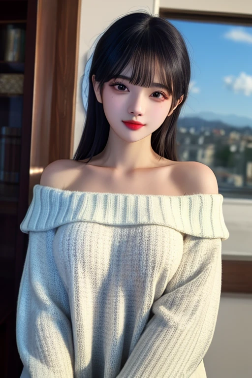 ((best quality)), ((masterpiece)), (detailed), 1girl, off-shoulder sweater, 