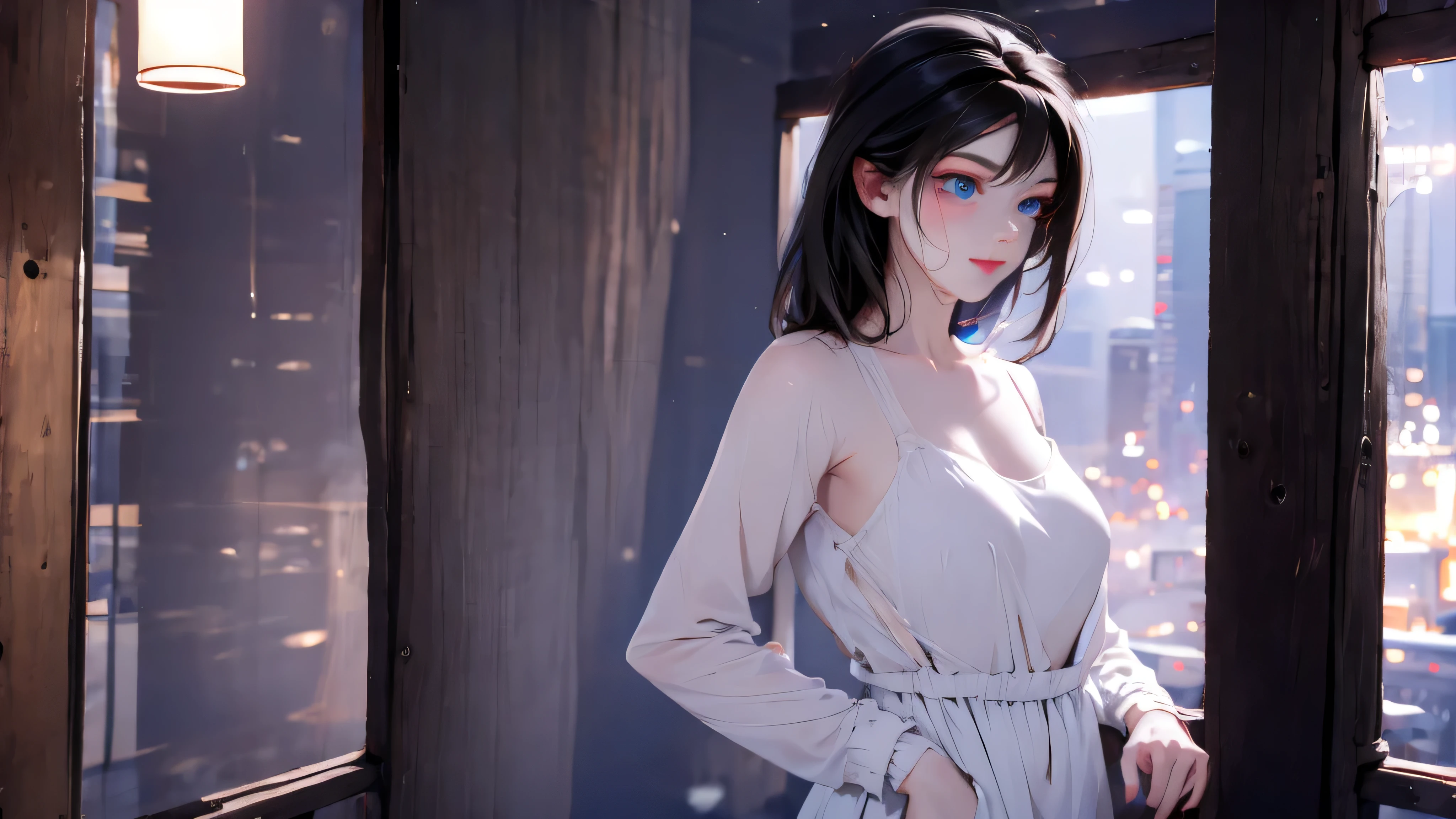 1 girl, medium light black hair, light blue eyes, wearing nude show outfit, night city, 18+ , high res, ultrasharp, 8K, masterpiece, looking from behind