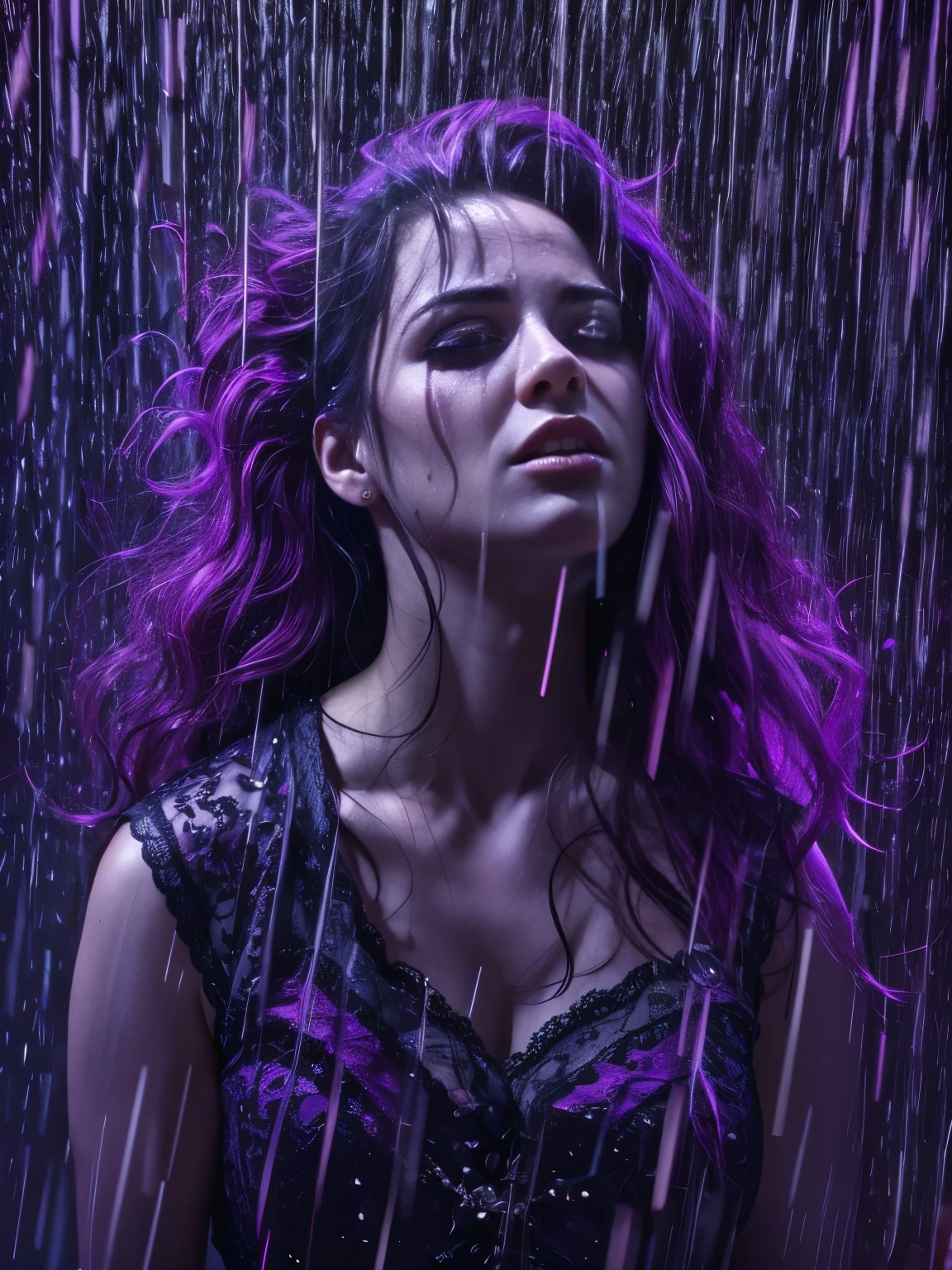 a woman in the pouring purple rain, her head bowed, haunting spectres following her, dramatic horror movie scene, dramatic lighting, masterpiece, photorealistic, ultra-detailed, hyper-realistic, cinematic, moody, atmospheric, dark, ominous, eerie, gothic, dramatic, intense, emotional, powerful