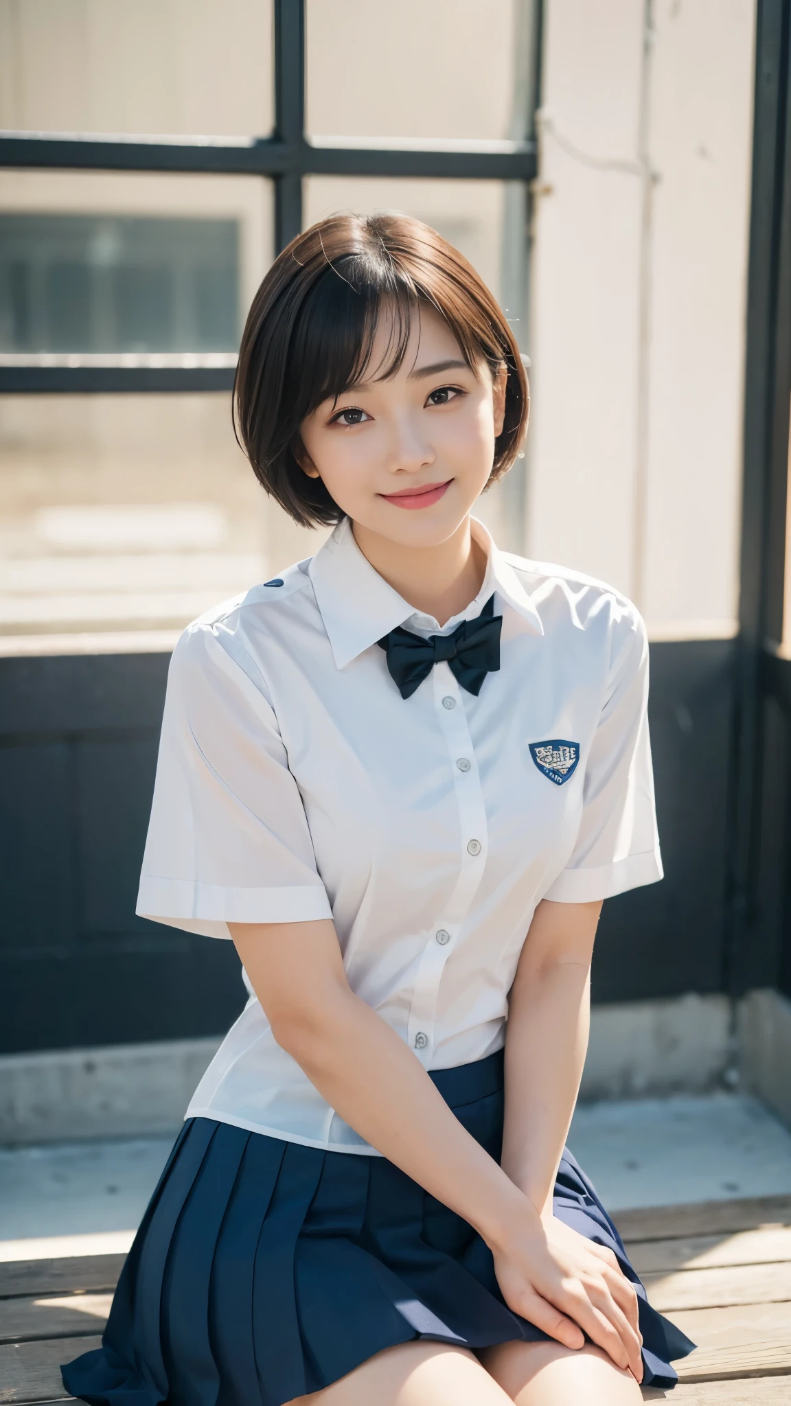 (dramatic angle)(school uniform)Mix 4,ultra detail  (8k, RAW Photos, 最high quality, masterpiece: 1.45), (Realistic, Photorealistic: 1.37), （Ultra high definition）（Textured skin）（Very detailed）（high quality）（最high quality）（First Person View）Beauty Women,Sitting,smile,short hair