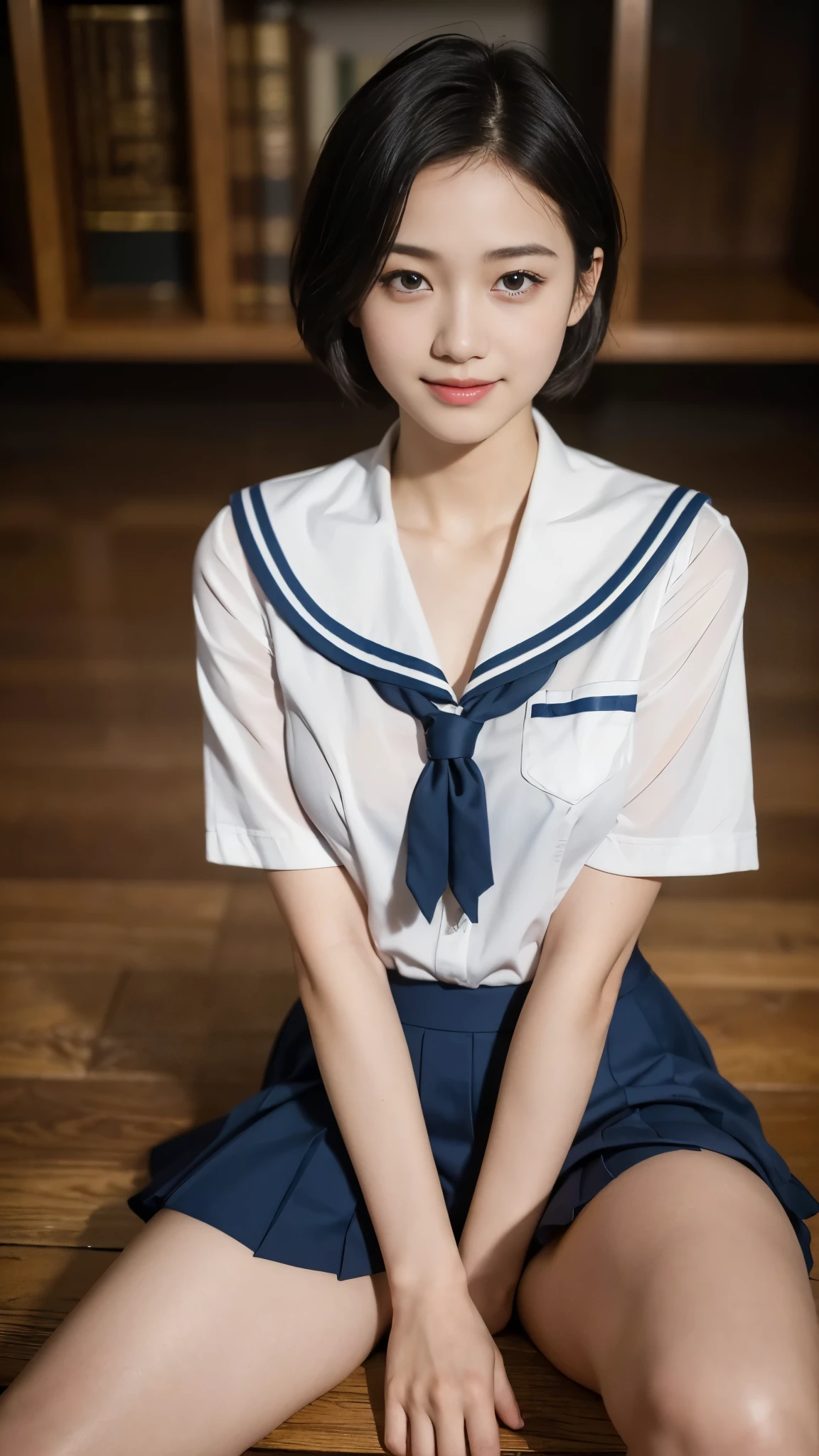 Photorealistic beautiful female student、18-year-old、amazingly beautiful、beautiful body、(highest quality、8K、32K、masterpiece、nffsw:1.3)、ultra high resolution,(Photoreal:1.4),RAW photo, detailed face,,beautiful hair, ((Doctor Style)), ,very short hair 、very short hair、amazingly beautiful二重まぶた、beautiful nipples、 natural makeup,, small perfect breasts, wet hair、detailed background, perfect lighting, Depth of written boundary, beautiful shadow gradation、thin limbs、thin thighs、(whole body)、((Japanese high school sailor uniform、Japanese JK sailor suit uniform))、wet body、(Japan School Classroom、Japanese school desks and chairs、blackboard、、Sitting in a chair and studying)、Beautiful and slim perfect body、Beautiful high nose、Trimmed thin pubic hair、looking sideways、