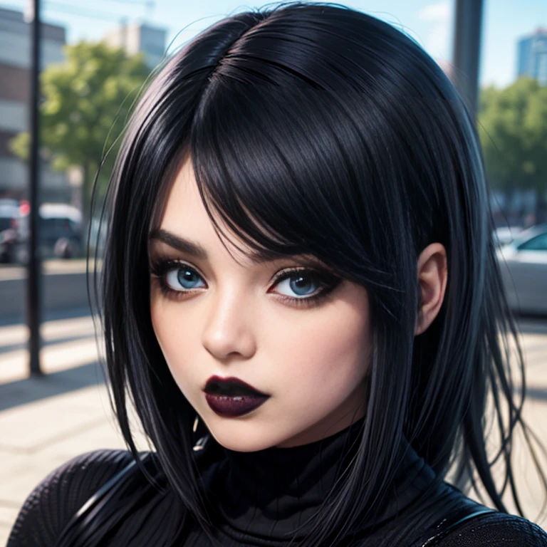 anime lesbian goth girl with long glowing black hair, blue eyes, and full lips staring at the camera, she has black hair with bangs, 1 7 -  -  goth, annoyed look, woman wearing a black turtle neck sweater, beautiful anime, black hime cut hair