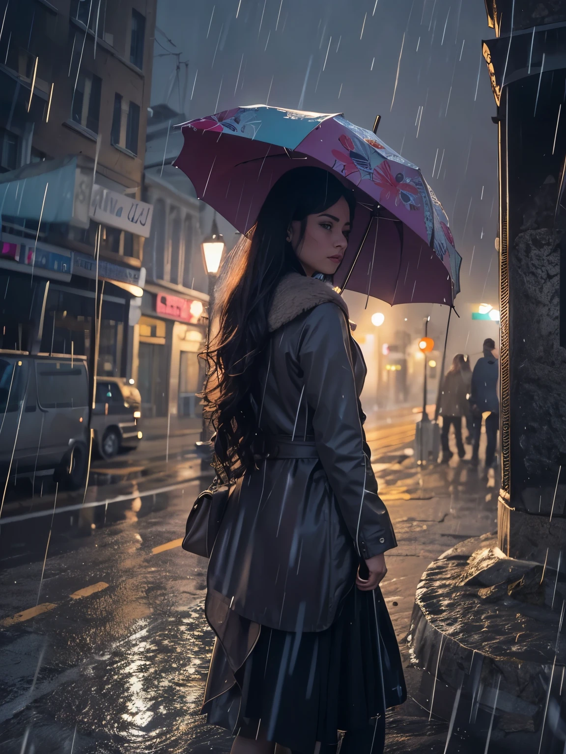 A woman in the pouring rain, her head bowed, is followed by spectres.