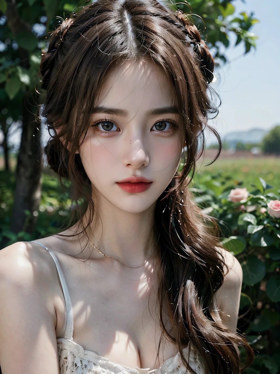 1girl, (looking at viewer:1.2), detail face, (a girl standing, rending on cgsociety, Rose bush backdrop), romanticism, atmospheric, (RAW photo, best quality), (realistic, photo-realistic:1.3), masterpiece, an extremely delicate and beautiful, extremely detailed, D cup,Cleavage,Translucent brown tube top 1.5)Hair in a bun,Exquisite eye details,