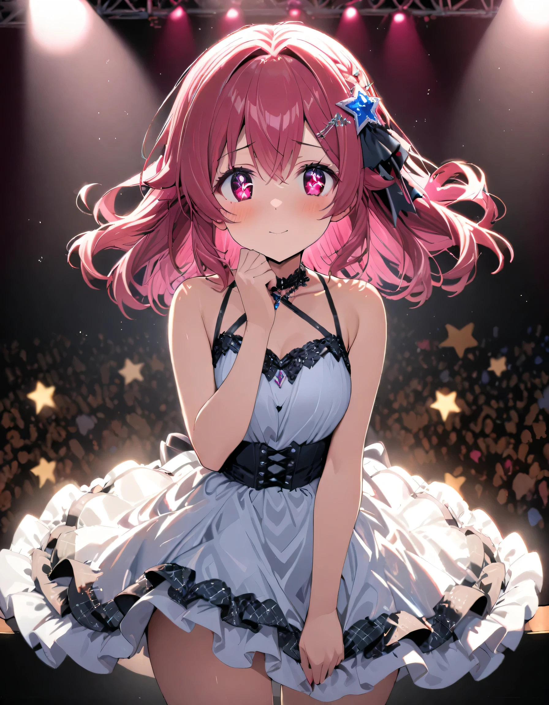 One girl, alone, highest quality, masterpiece , Hoshino Ruby, hair ornaments, Shining Eyes, Stars in my eyes, (Star in the right eye:1), (dress:1.4), (Concert 1), On Stage,