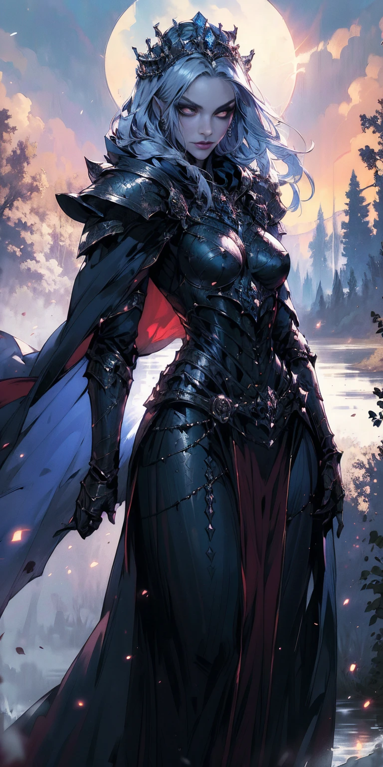 (masterpiece, best quality) 1girlsolo (the empress:1.15) (red cape) curtain, armored dress, queen dress, aurora (sunshine, sky, river, forest)