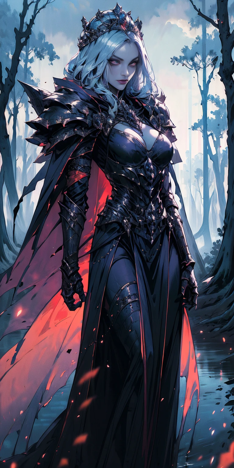 (masterpiece, best quality) 1girlsolo (the empress:1.15) (red cape) curtain, armored dress, queen dress, aurora (sunshine, sky, river, forest)
