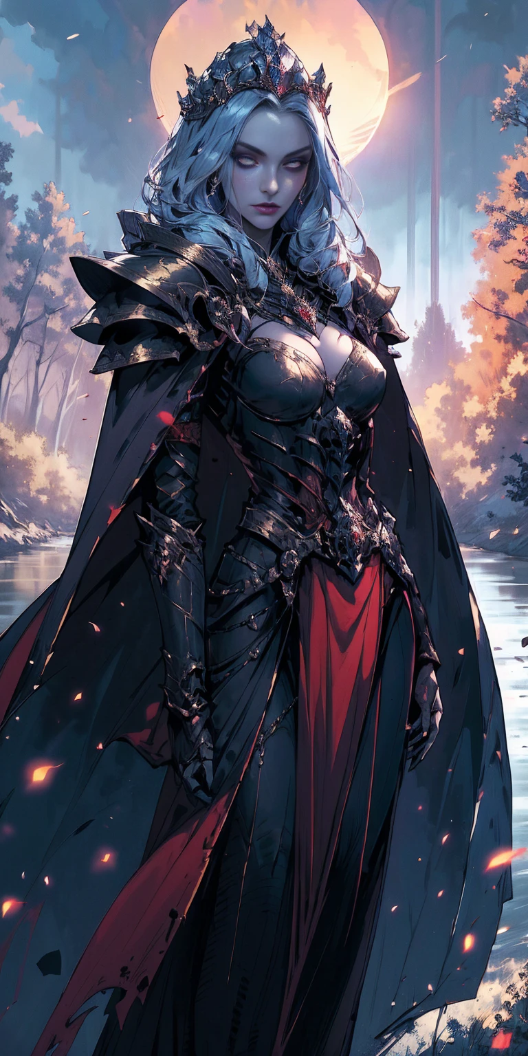 (masterpiece, best quality) 1girlsolo (the empress:1.15) (red cape) curtain, armored dress, queen dress, aurora (sunshine, sky, river, forest)