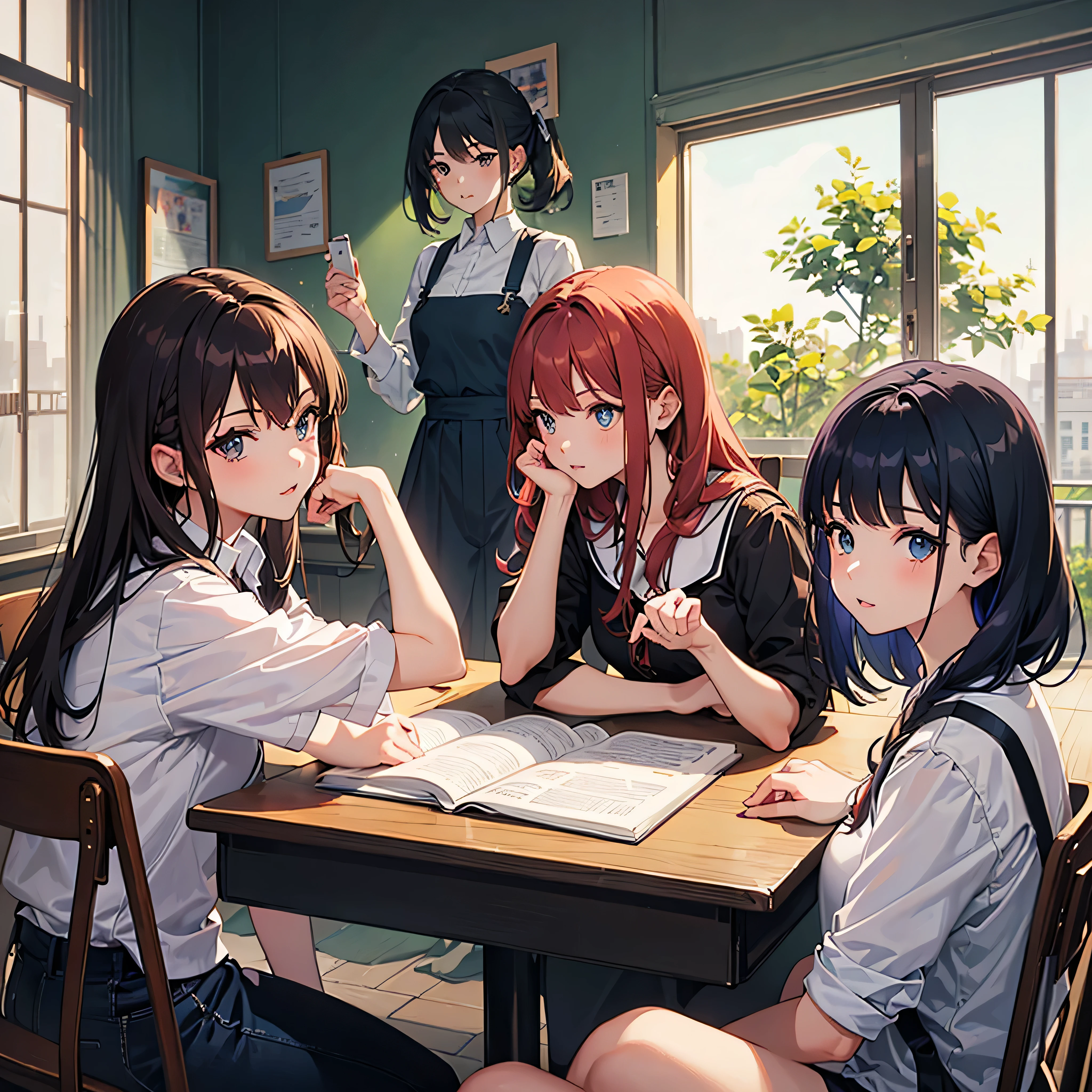 Masterpiece, best quality, highres, super detailed, 3+ girls, (each girl has different hairstyle and hair color: 1.3), anime , (face), in class, evening, golden hour light, backlight