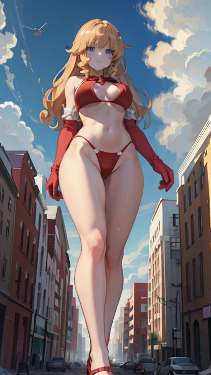 Giant Girl 50,000 feet high,Have a pair of long legs,Have a pair of huge breasts,Wearing a red bikini,With blond waist-length hair,Loose hair,Wear a pair of Mary Janes,Blonde curly hair,A face full of enjoyment,Standing tall in a crowded town, Wanton destruction,It seems to be an invincible existence