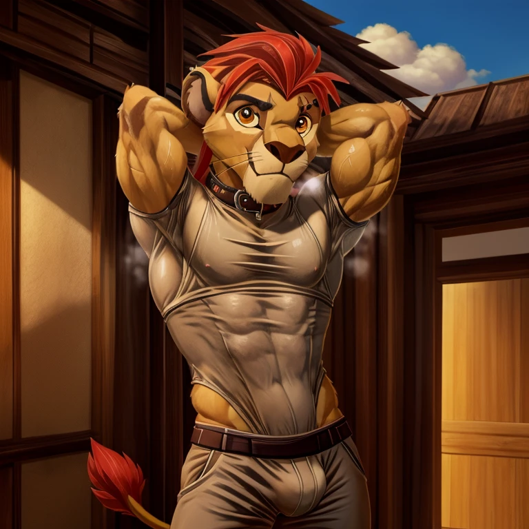 ,Slim, very Slim, very thin waist.masterpiece, detailed, beautiful digital art, masterpiece, 4K, small parts, Anthro, a lion, male, ((male род)), good quality anatomy, ((beautiful eyes)), orange eyes, Red Mane, ((beautiful hands, detailed hands)), (I look at the viewer), I look at the viewer, whole body, scar, scar on left eye, anime style,Slim, , very thin waist, Cute, muscular. ,,Cozy atmosphere,,inflection, big biceps, ,gay, a ,very pumped up,a gift.(musk), (musk clouds:1.4), sweaty,, ((Realistic clothes:1.6). (pike biceps:1.5,).posing.sweating.piercing,  Dom outside, Suffocates, ,frightening look,(bold), very strong,kion pet,Whore,Особенно много scarов:2，Много scarов,the collar is very tight, in the room, , in the bedroom,секс outside, послушная Whore, full height, security guard, hundred in the aisle,NAGOTA,hands behind head,