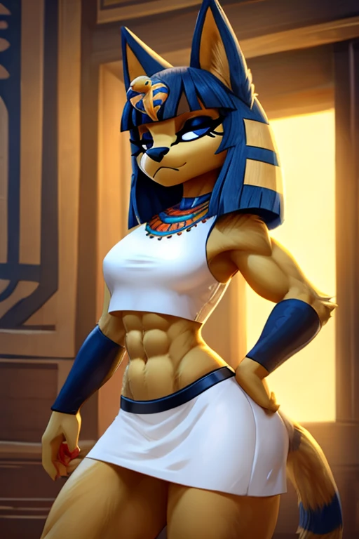 a digital sideview artwork of ankha with abs wearing a crop top of her white sleeveless dress with white long skirt, a bare midriff and a bare navel, trending on artstation, 4k, anthro style, furry
