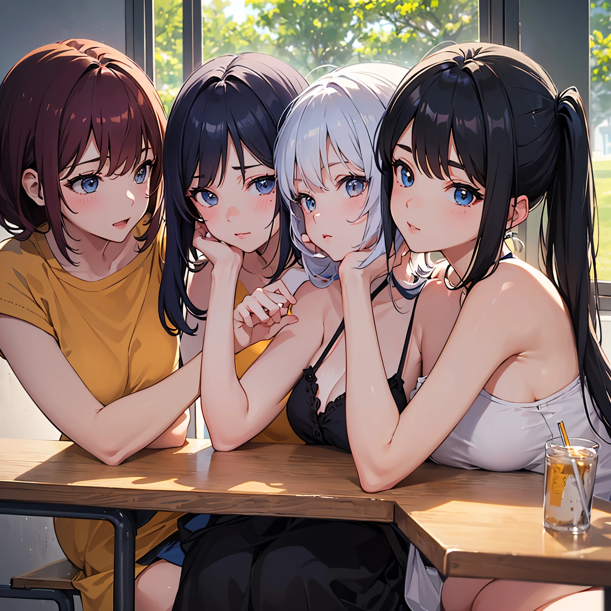Masterpiece, best quality, highres, super detailed, 3+ girls, (each girl has different hairstyle and hair color: 1.3), anime , (face), in class, evening, golden hour light, backlight