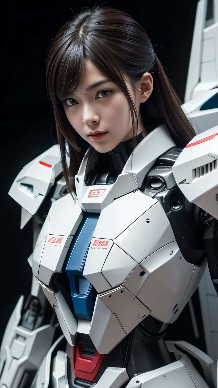 Textured skin, Super Detail, high details, High quality, Best Quality, hight resolution, 1080p, hard disk, Beautiful,(Gundam),beautiful cyborg woman,Mecha Cyborg Girl,Battle Mode,Girl with a Mecha Body,She wears a futuristic Gundam mecha,Fulll body Shot