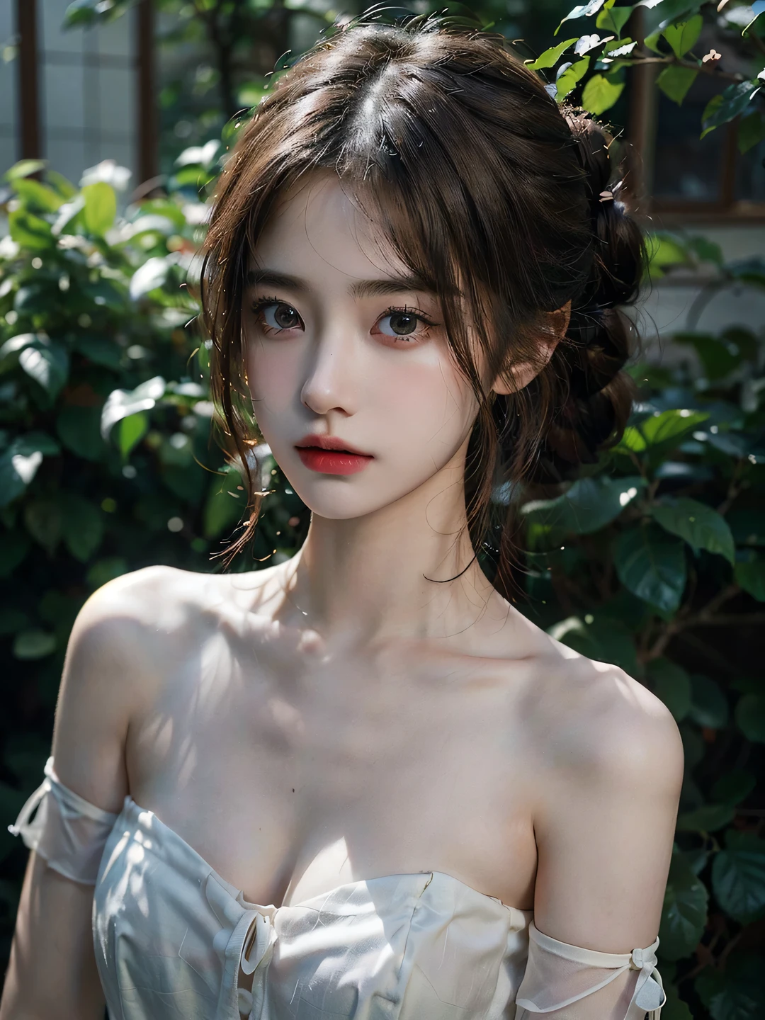 1girl, (looking at viewer:1.2), detail face, (a girl standing, rending on cgsociety, Rose bush backdrop), romanticism, atmospheric, (RAW photo, best quality), (realistic, photo-realistic:1.3), masterpiece, an extremely delicate and beautiful, extremely detailed, D cup，Cleavage，Translucent brown tube top 1.5）Hair in a bun，Exquisite eye details，