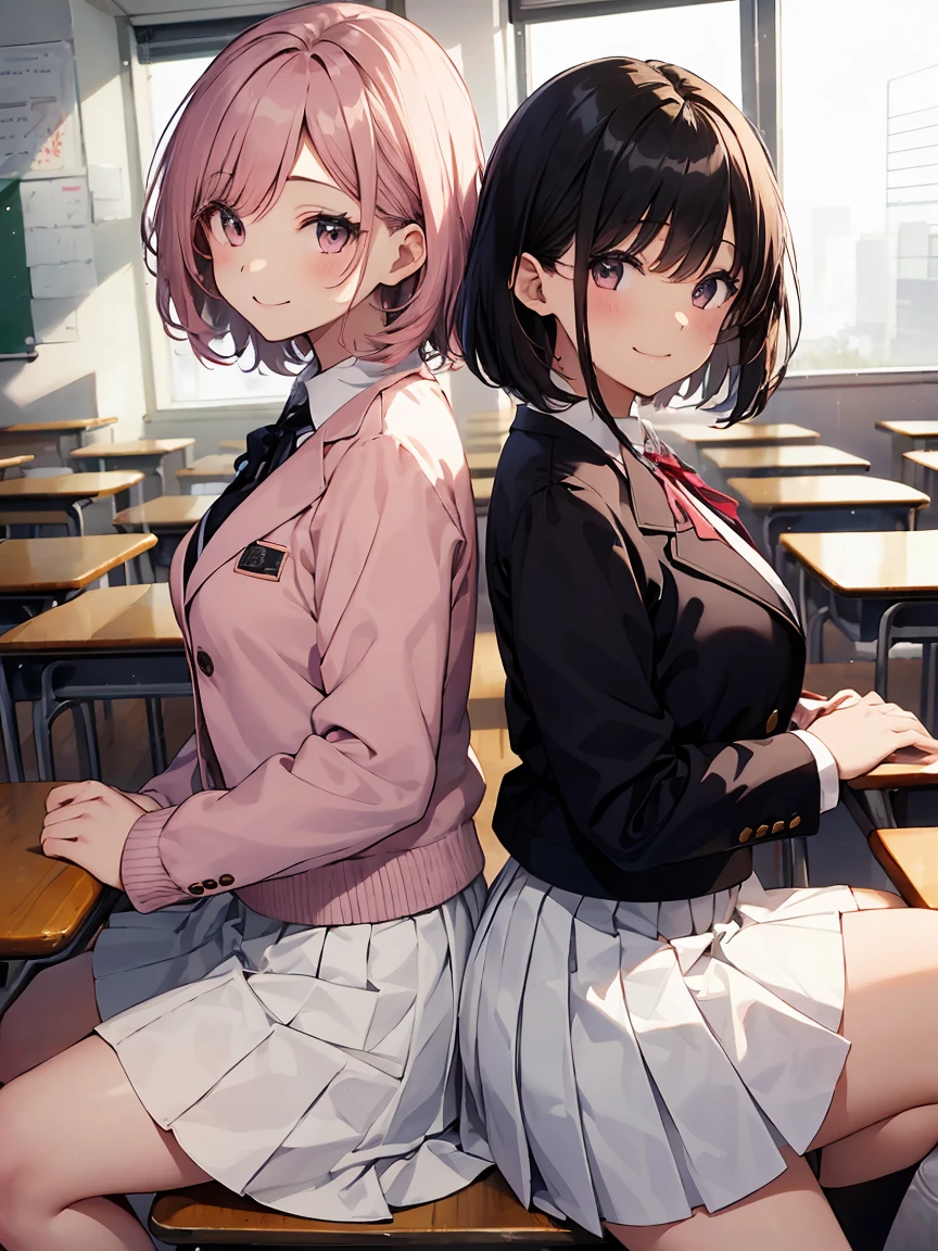 two girls speaking one: High school blazer with popular design、white shirt、pleated skirt、white skirt、（small breasts ) in classroom, dark pink short hair, pink eyes, smiling, white skirt the other girl High school blazer with popular design、shirt、pleated skirt、white skirt、（small breasts ) restaurant ,short hair, black eyes, smiling, white skirt