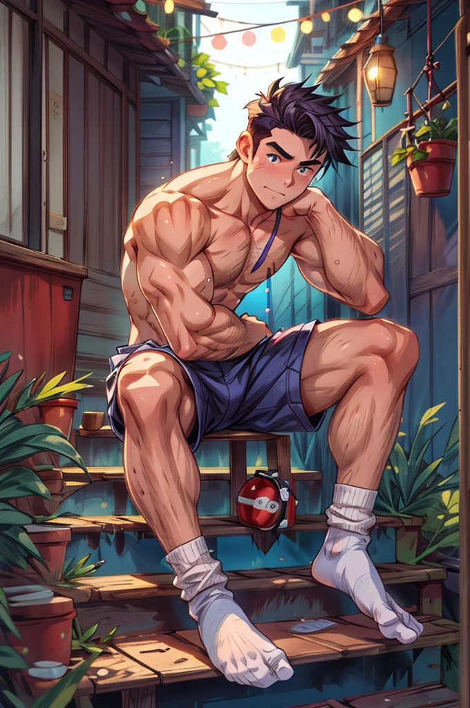 Slightly sideways,closeup of arms,Thick arms,(masterpiece,best quality,H),1 person,Nude boy,Very shy,My face turned red,Shy,muscular,Delicateeyes,nude,(nude),blue eyes,Shirtless,Body,Blue purple short hair,(fluorescent lamp),(Open your legs),((Blue Background)),Shorts with white stripes,White textured socks,(No shoes),Body covered with strong muscles,strong,Broad shoulders,(Sitting on the steps),(Stretch your arms out to the sides of your body),
