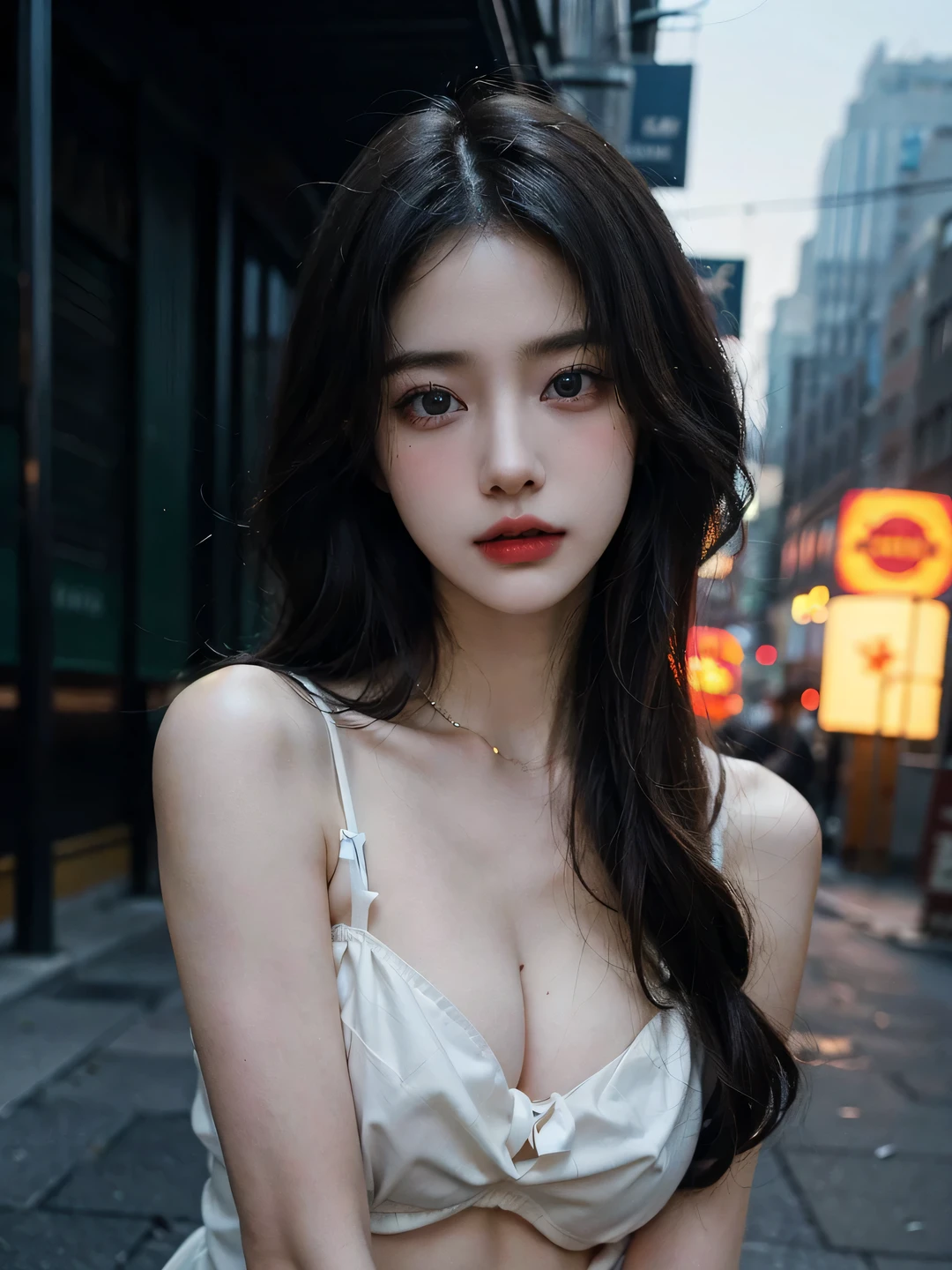 1girl, (looking at viewer:1.2), detail face, (a girl standing, rending on cgsociety, black shadows, streaming, new york backdrop), romanticism, atmospheric, (RAW photo, best quality), (realistic, photo-realistic:1.3), masterpiece, an extremely delicate and beautiful, extremely detailed, D cup,Cleavage,Translucent tube top1.5,Exquisite eye details,