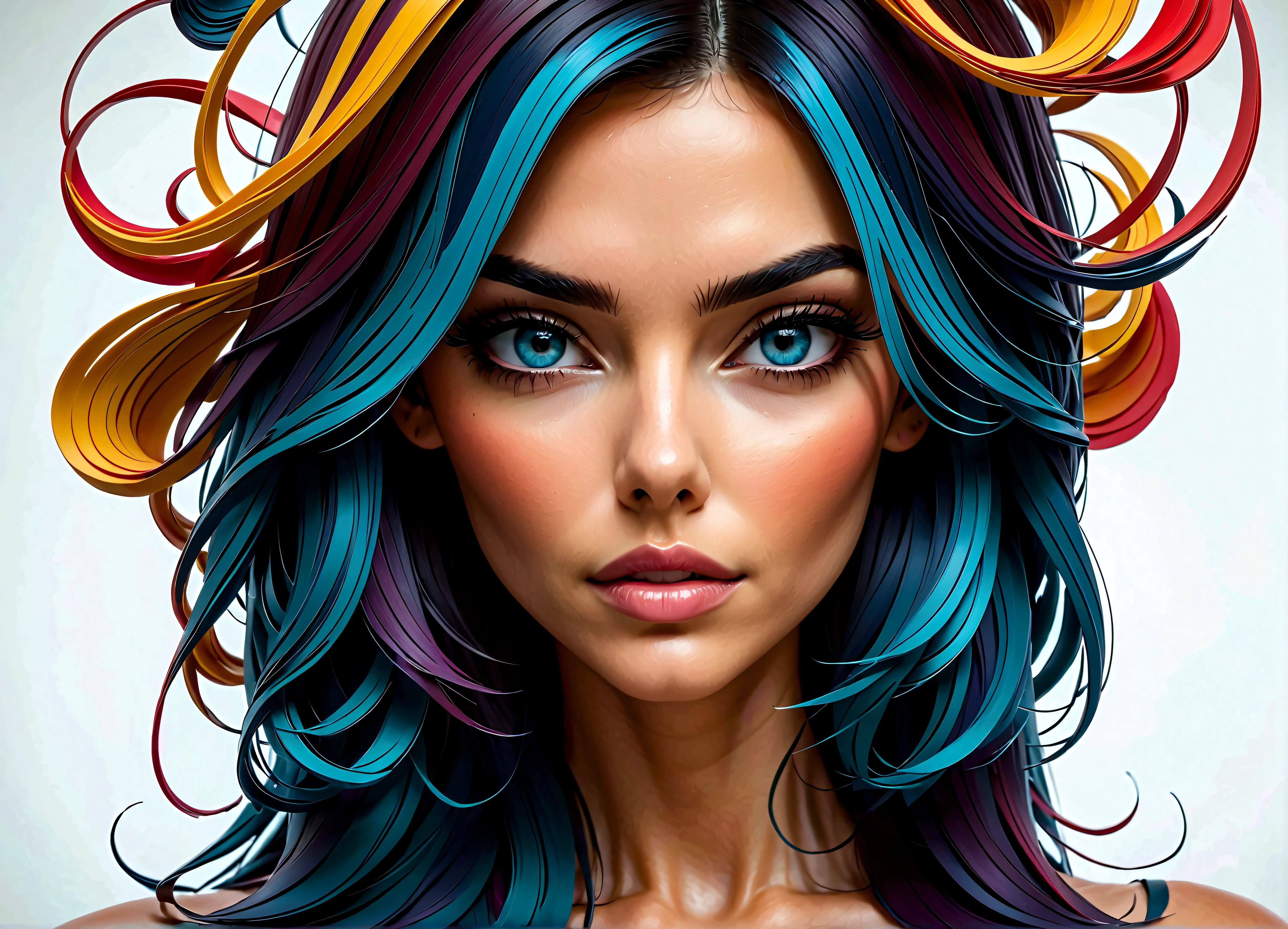 ultra detailed artistic abstract photography of geometric woman, 32k modern abstract poster of a beautiful woman, cabelo feito de design quilling de papel 3D, quilling de papel abstrato, olhos castanhos symmetricals detalhados com íris circular, fragmentos de papel quebrado, postura natural do corpo, pelo artista Russ Mills, arte de Alberto Seveso, por Carne Griffiths, por Vadim Kashin, symmetrical, estilo de arte abstrata, pintura em aquarela complexa e intrincada, olhos afiados, pintura digital, color explosion, arte conceitual, volumetric lighting, Tanvir Tamim, 3D octane rendering, 8K. por artgerm, trends on Artstation, cinematic 4d, Cinematic epic brilliant stunning intricate meticulously detailed dramatic atmospheric maximalist digital matte painting, realista, cores complementares
INFO