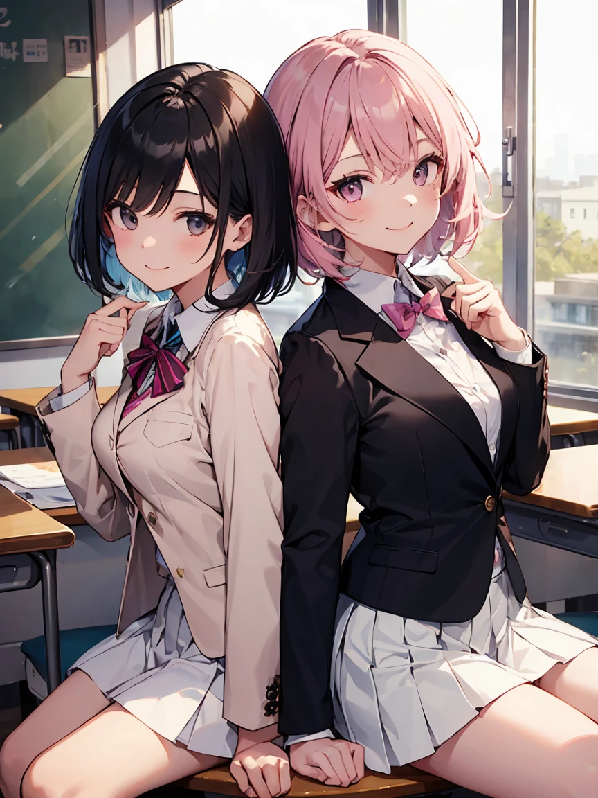 two girls speaking one: High school blazer with popular design、white shirt、pleated skirt、white skirt、（small breasts ) in classroom, dark pink short hair, pink eyes, smiling, white skirt the other girl High school blazer with popular design、shirt、pleated skirt、white skirt、（small breasts ) restaurant ,short hair, black eyes, smiling, white skirt 