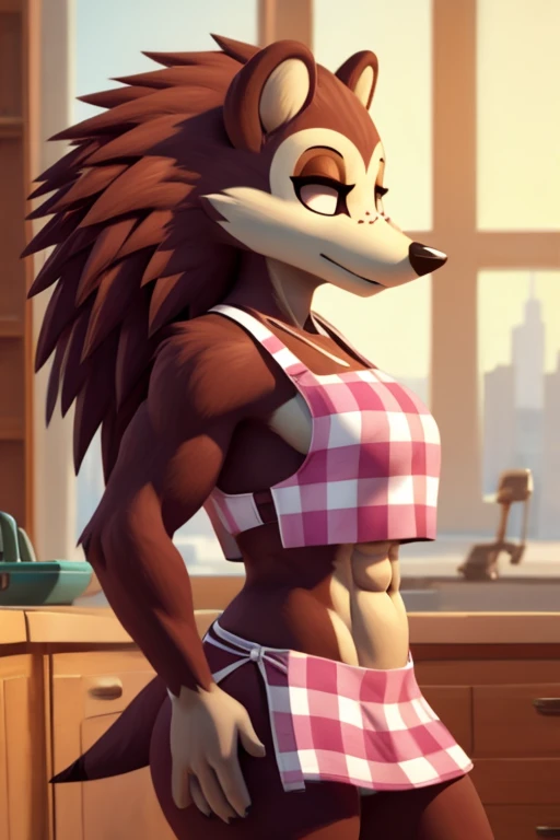 a digital sideview artwork of sable with abs wearing a crop top of her pink apron with a bare midriff and a bare navel, trending on artstation, 4k, anthro style, furry
